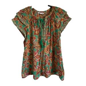 DR2 Top Double Flutter Sleeve Women's Multi Paisley Tassel Size M
